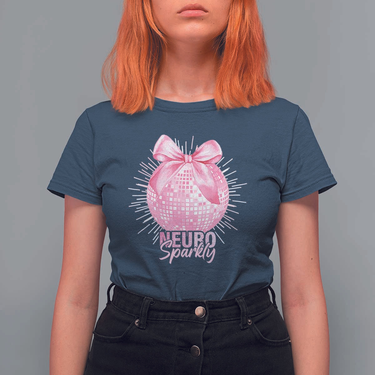 Neurodivergent Neuro Sparkly T Shirt For Women Autism Spectrum ADHD Pink Bow Disco Ball