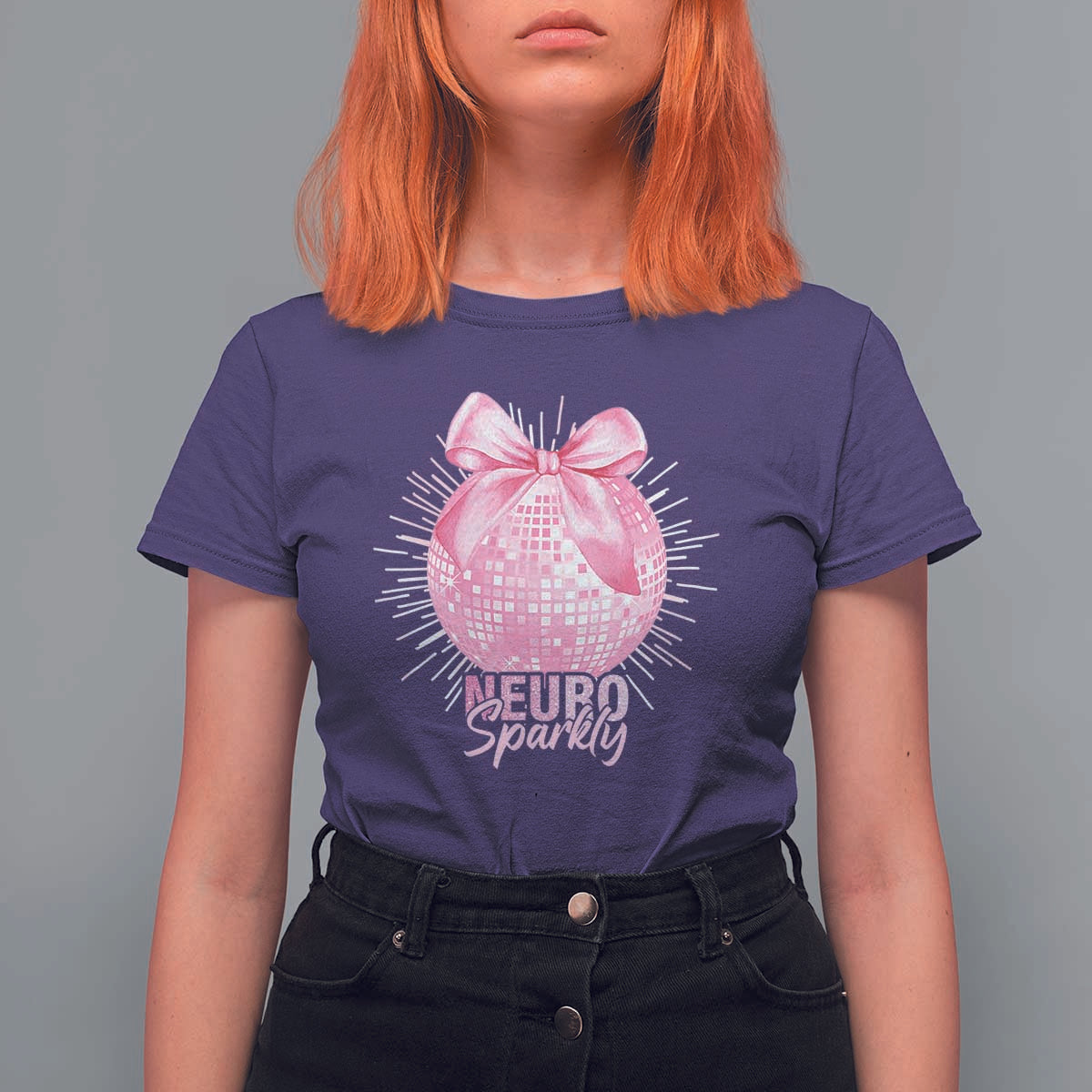 Neurodivergent Neuro Sparkly T Shirt For Women Autism Spectrum ADHD Pink Bow Disco Ball