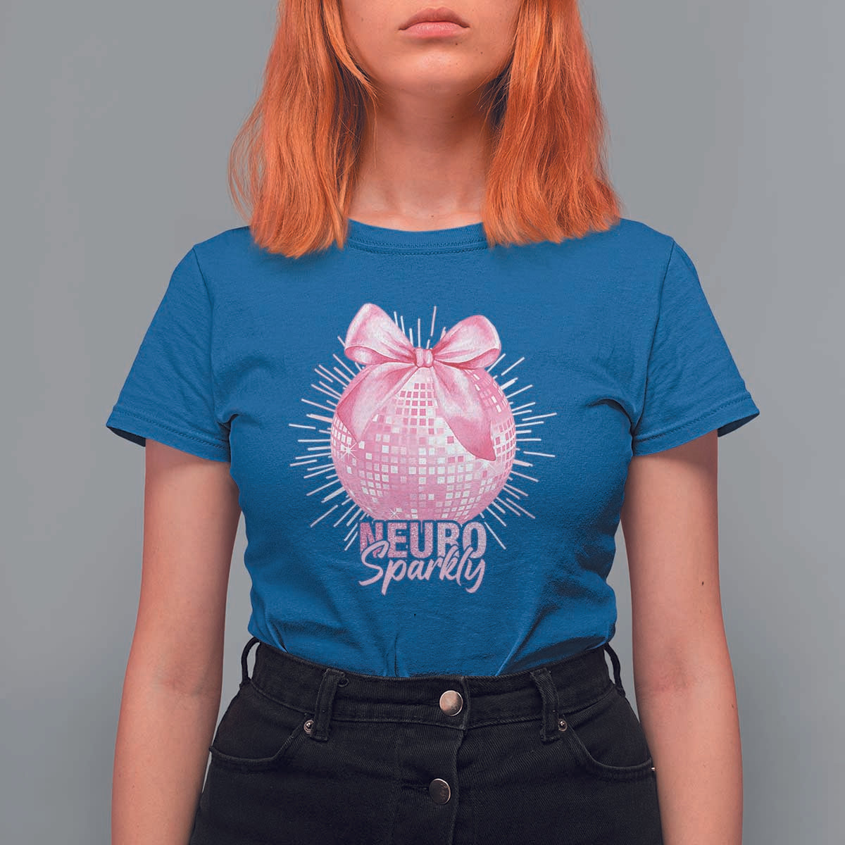 Neurodivergent Neuro Sparkly T Shirt For Women Autism Spectrum ADHD Pink Bow Disco Ball