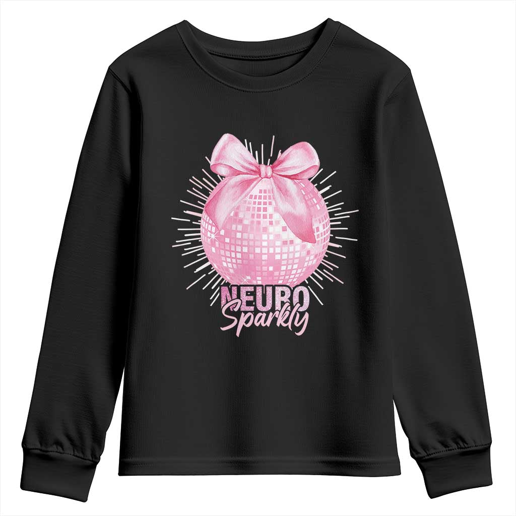 Neurodivergent Neuro Sparkly Youth Sweatshirt Autism Spectrum ADHD Pink Bow Disco Ball