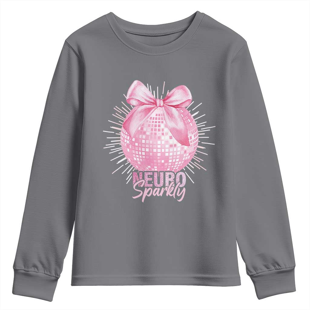Neurodivergent Neuro Sparkly Youth Sweatshirt Autism Spectrum ADHD Pink Bow Disco Ball