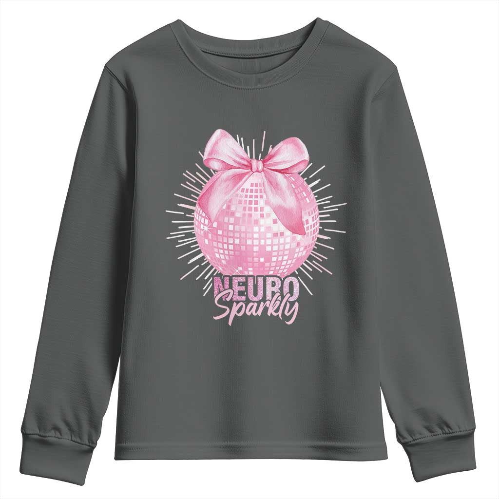 Neurodivergent Neuro Sparkly Youth Sweatshirt Autism Spectrum ADHD Pink Bow Disco Ball