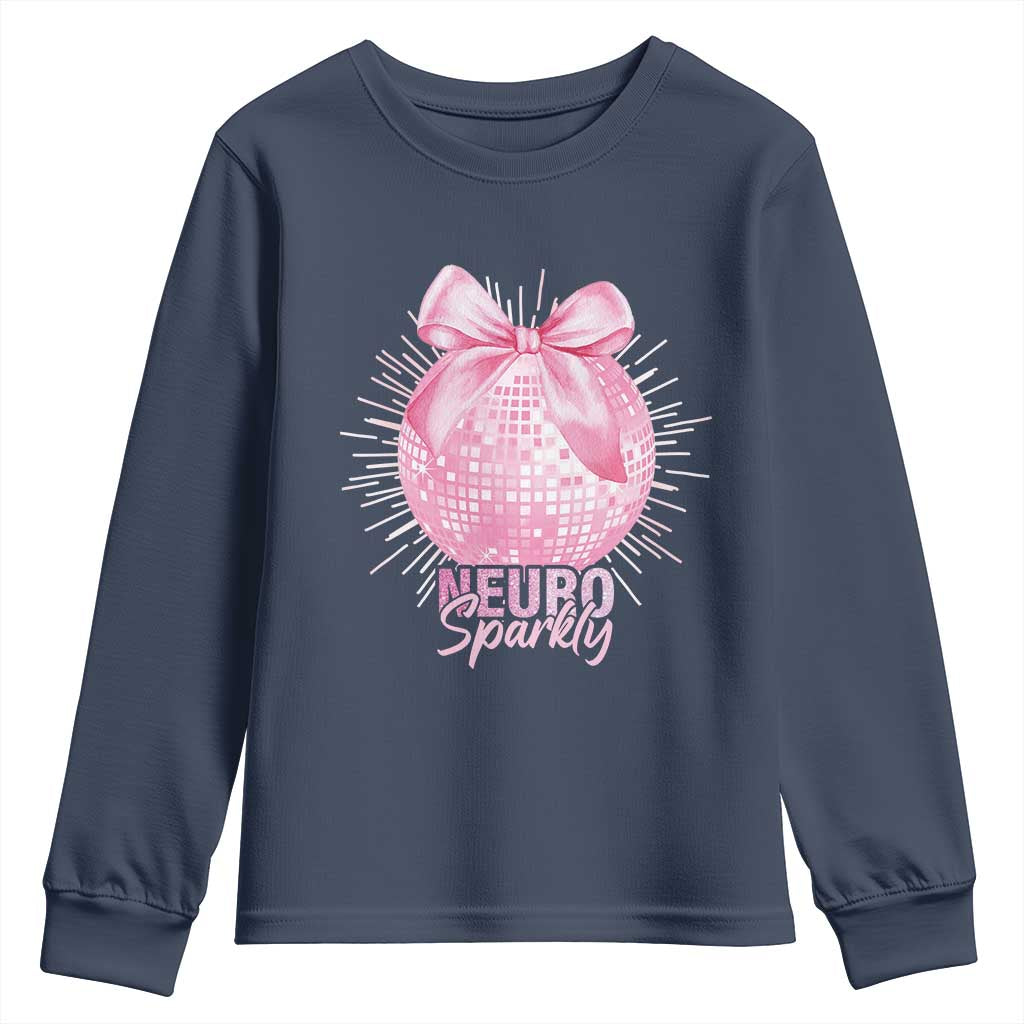 Neurodivergent Neuro Sparkly Youth Sweatshirt Autism Spectrum ADHD Pink Bow Disco Ball