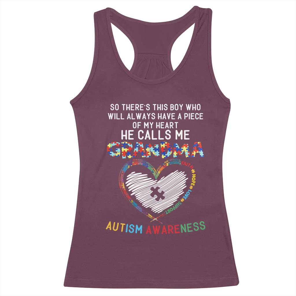 Autism Awareness Grandma Racerback Tank Top So There's This Boy Who Will Always Have A Piece Of My Heart He Calls Me Grandma