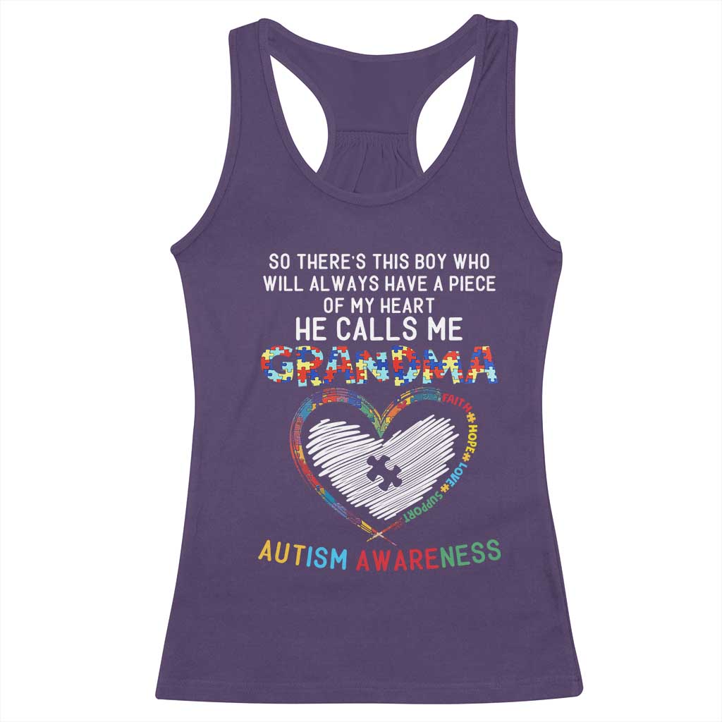 Autism Awareness Grandma Racerback Tank Top So There's This Boy Who Will Always Have A Piece Of My Heart He Calls Me Grandma