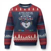 Autism Awareness Grandma Ugly Christmas Sweater So There's This Boy Who Will Always Have A Piece Of My Heart He Calls Me Grandma