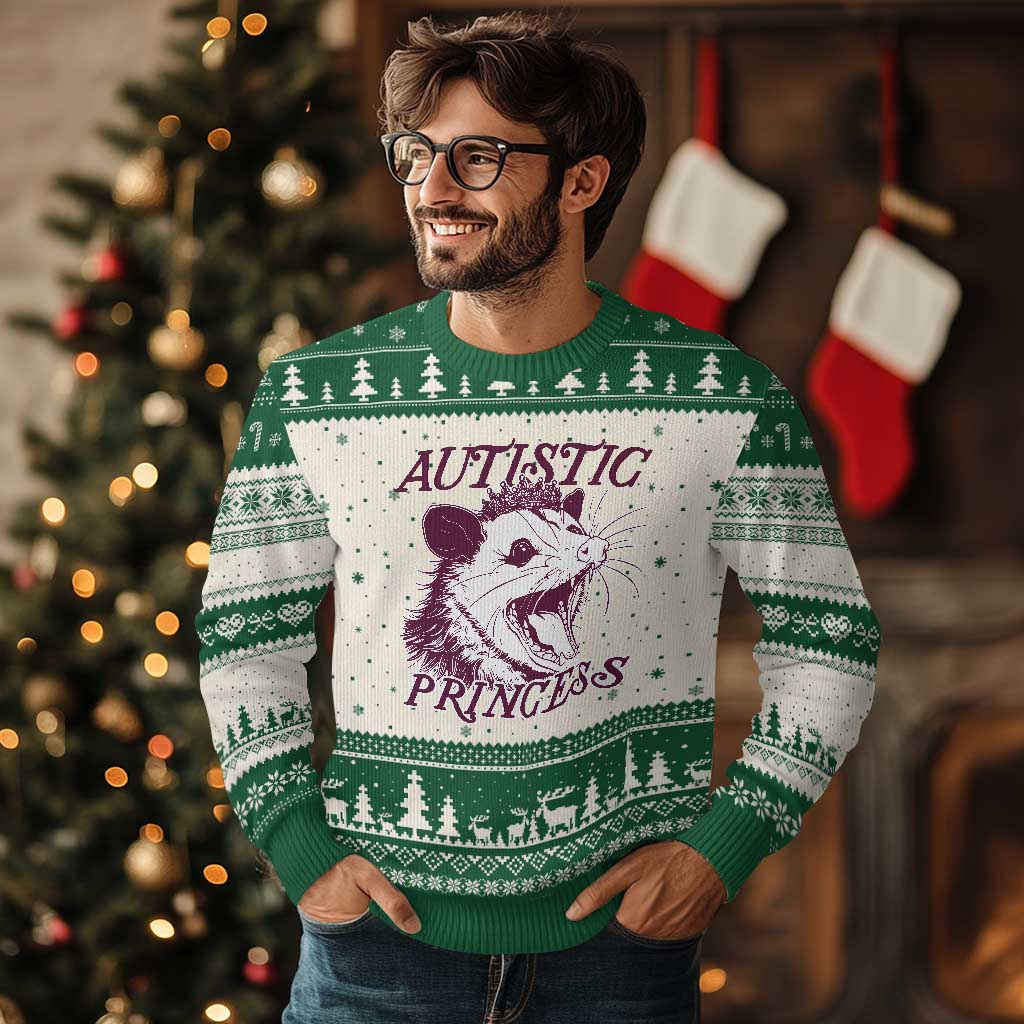 Funny Autistic Princess Ugly Christmas Sweater Autism Awareness Opposum