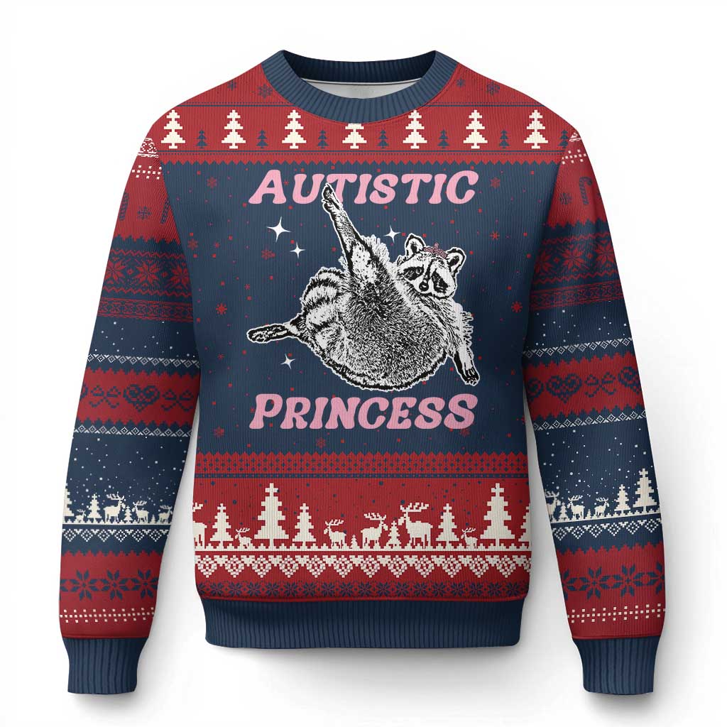Funny Autistic Princess Ugly Christmas Sweater Autism Awareness Raccoon