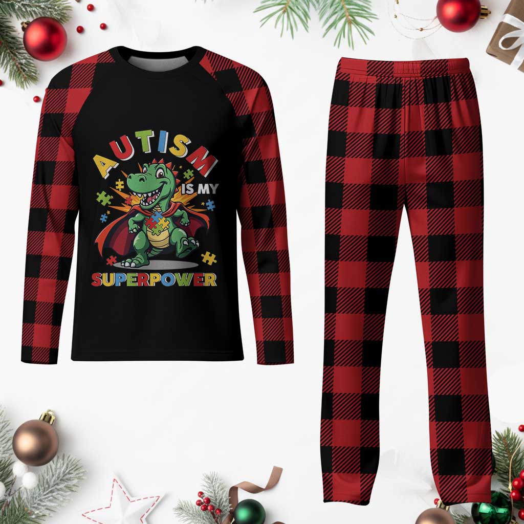 Funny Autism Is My Superpower Plaid Pajama Set Autism Awareness Autistic Dinosaur