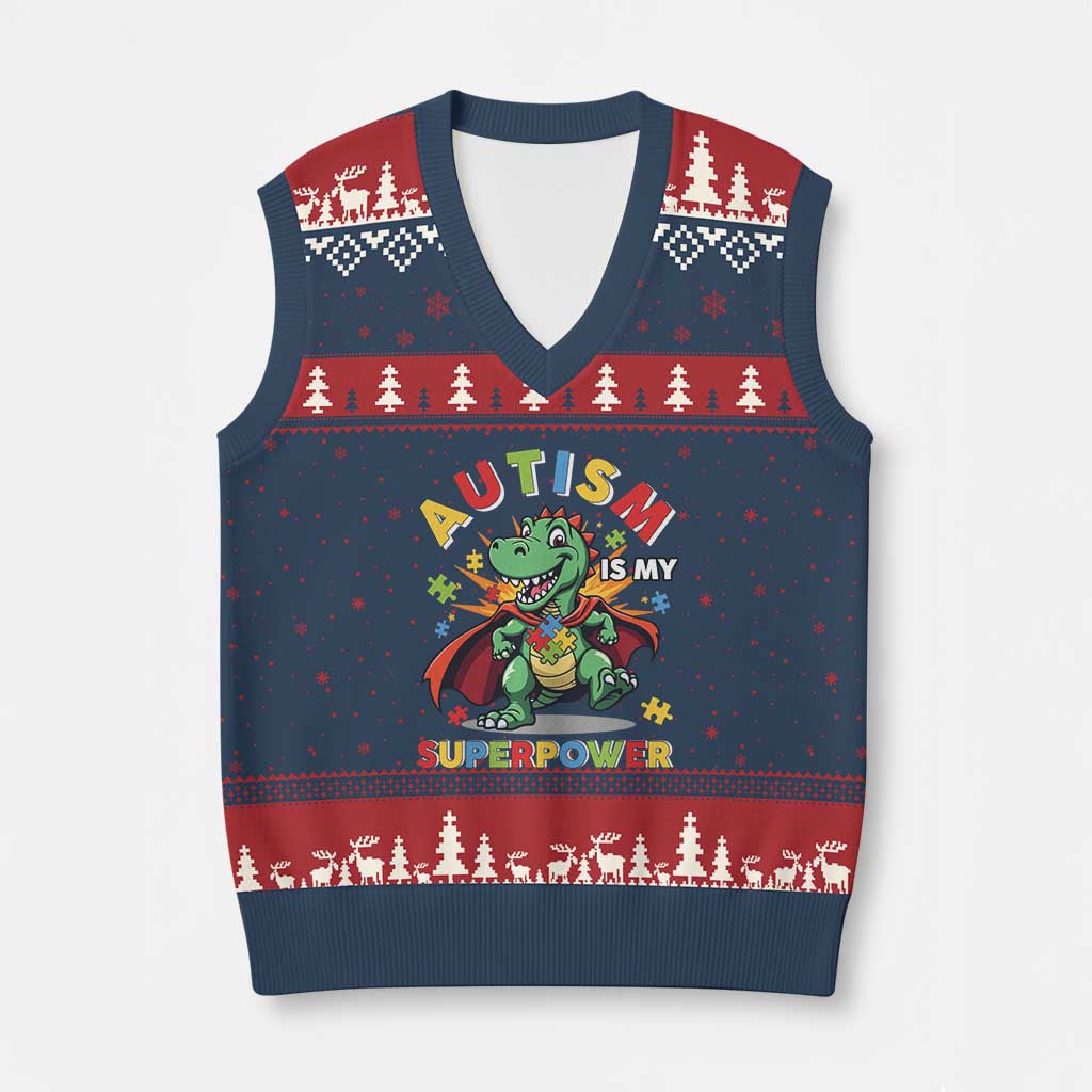 Funny Autism Is My Superpower V-Neck Knit Sweater Vest Autism Awareness Autistic Dinosaur