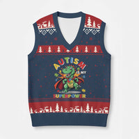 Funny Autism Is My Superpower V-Neck Knit Sweater Vest Autism Awareness Autistic Dinosaur