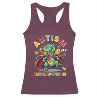 Funny Autism Is My Superpower Racerback Tank Top Autism Awareness Autistic Dinosaur