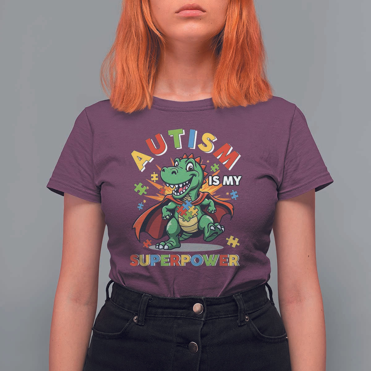 Funny Autism Is My Superpower T Shirt For Women Autism Awareness Autistic Dinosaur