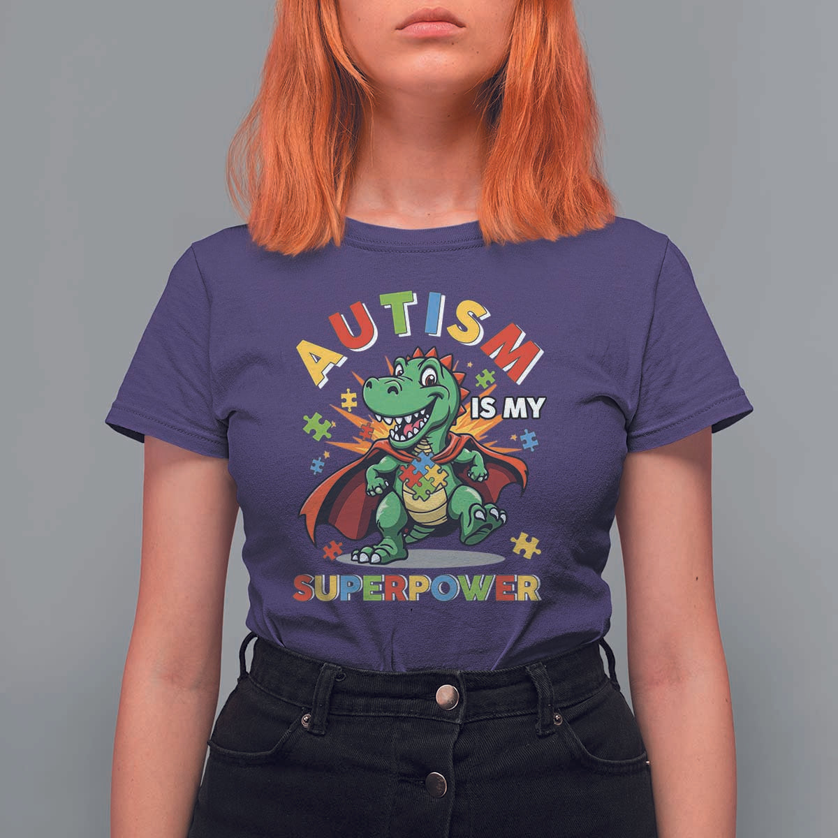 Funny Autism Is My Superpower T Shirt For Women Autism Awareness Autistic Dinosaur