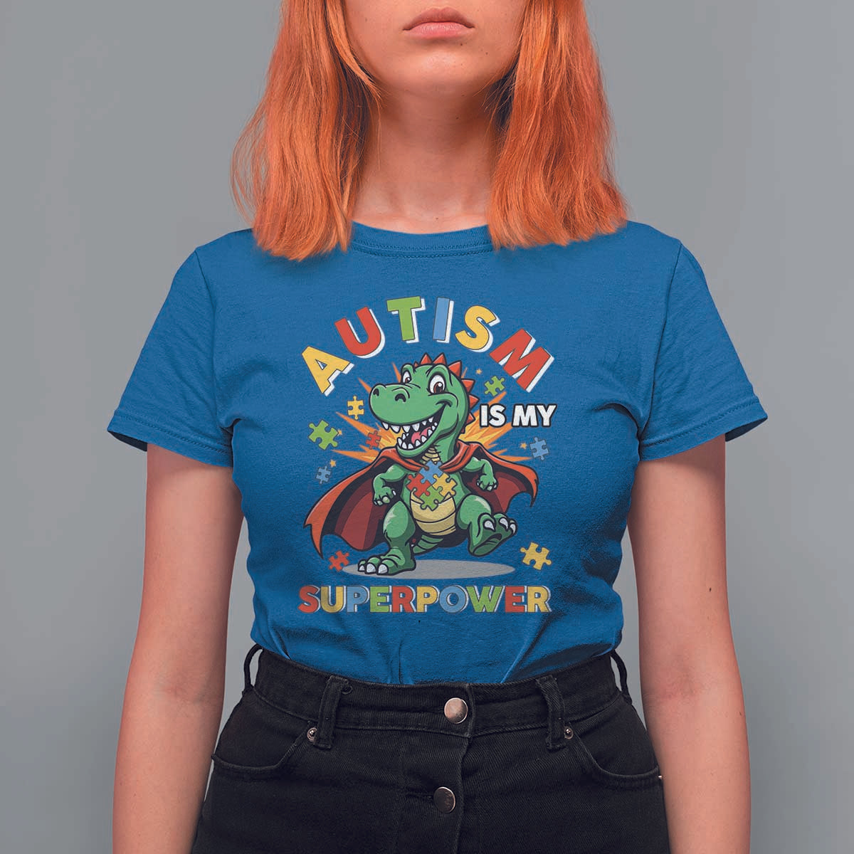 Funny Autism Is My Superpower T Shirt For Women Autism Awareness Autistic Dinosaur