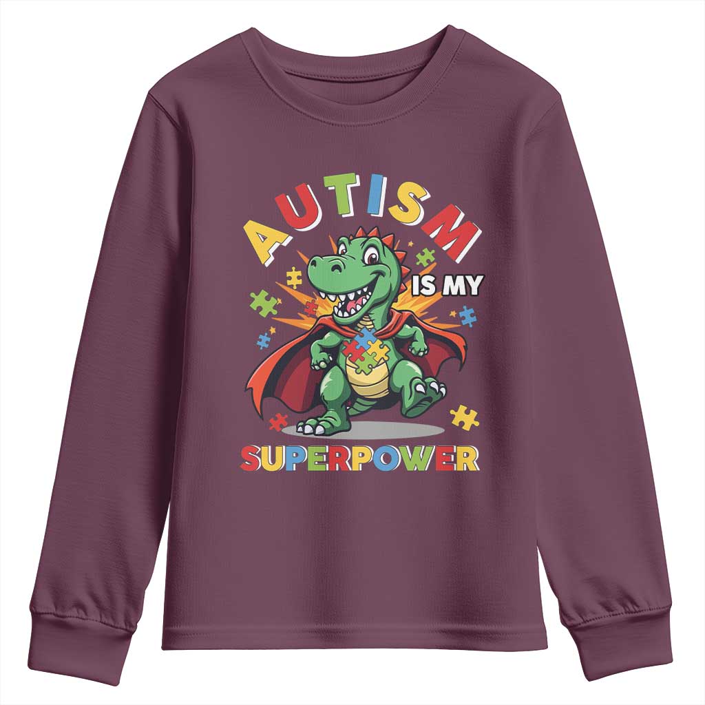 Funny Autism Is My Superpower Youth Sweatshirt Autism Awareness Autistic Dinosaur