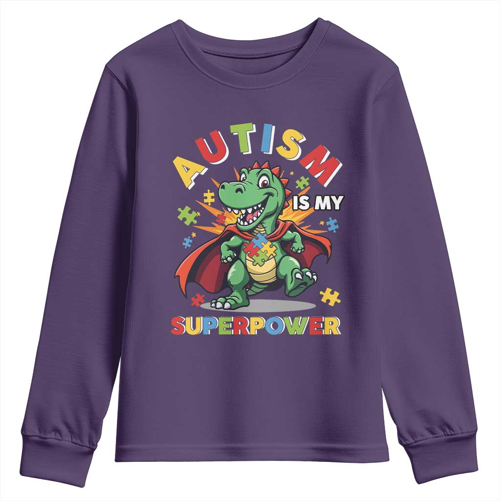 Funny Autism Is My Superpower Youth Sweatshirt Autism Awareness Autistic Dinosaur