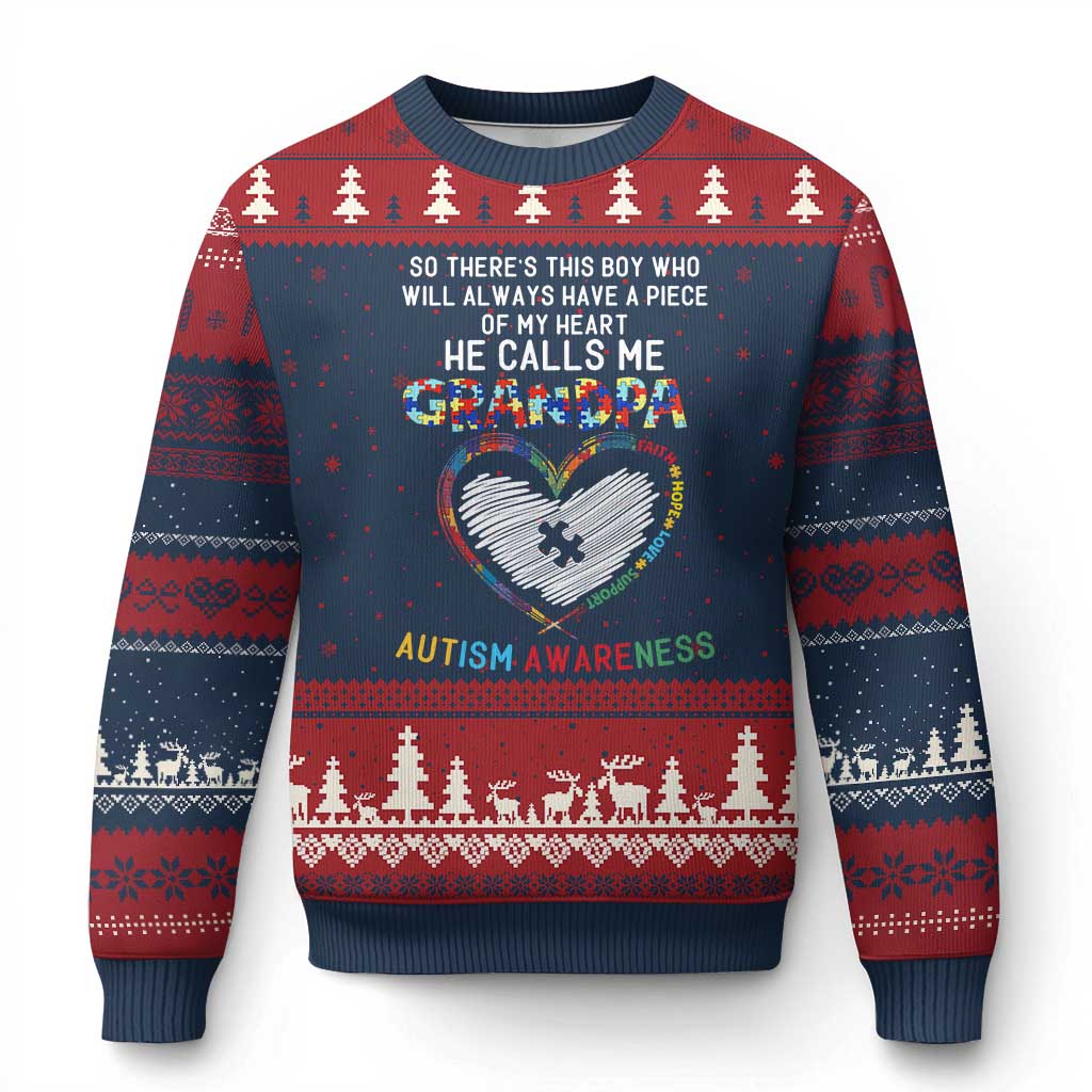 Autism Awareness Grandpa Ugly Christmas Sweater So There's This Boy Who Will Always Have A Piece Of My Heart He Calls Me Grandpa