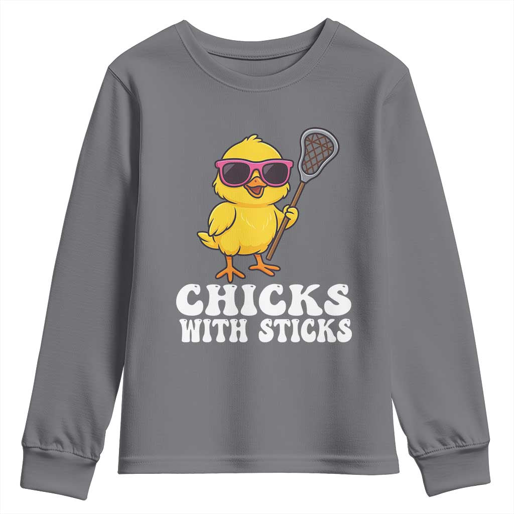 Funny Lax Girl Youth Sweatshirt Chicks With Sticks Lacrosse Shooter