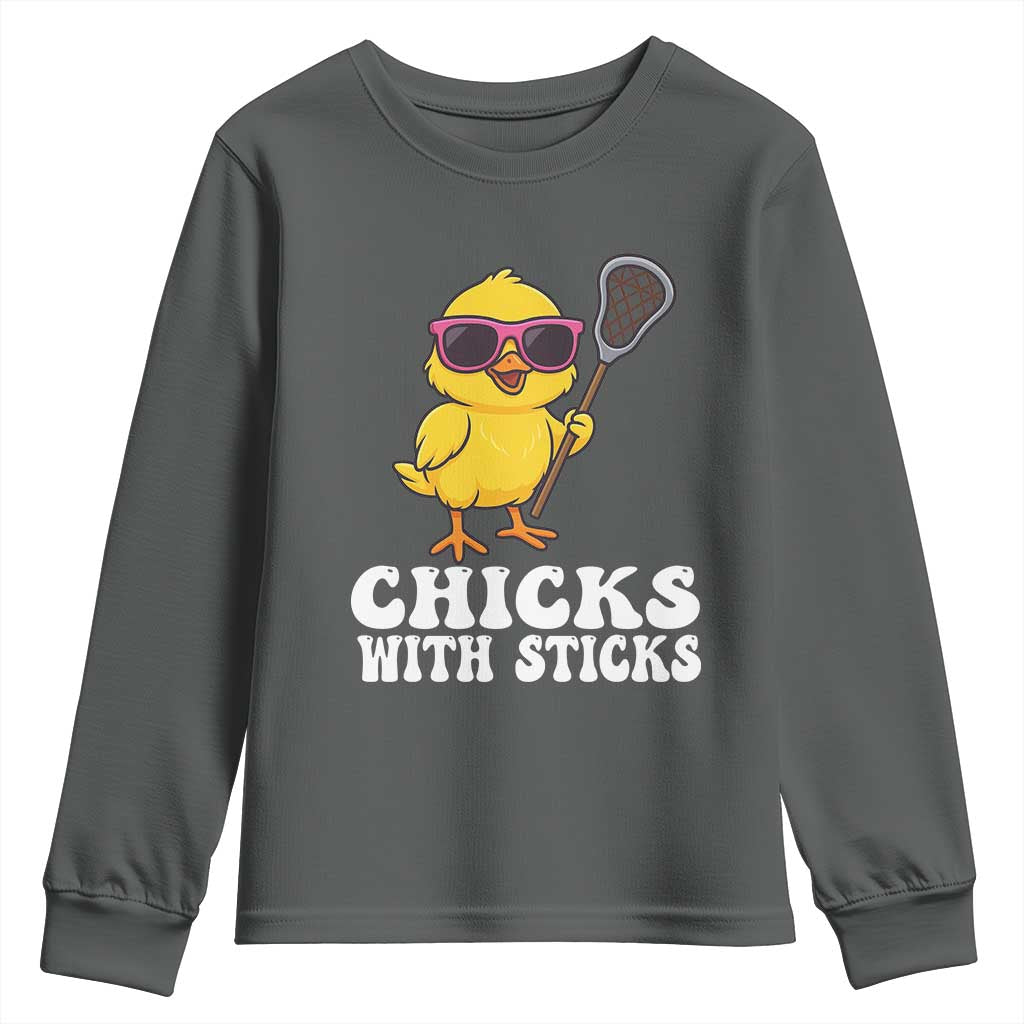 Funny Lax Girl Youth Sweatshirt Chicks With Sticks Lacrosse Shooter