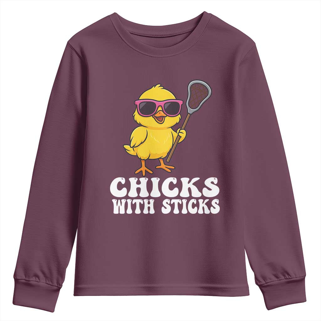 Funny Lax Girl Youth Sweatshirt Chicks With Sticks Lacrosse Shooter