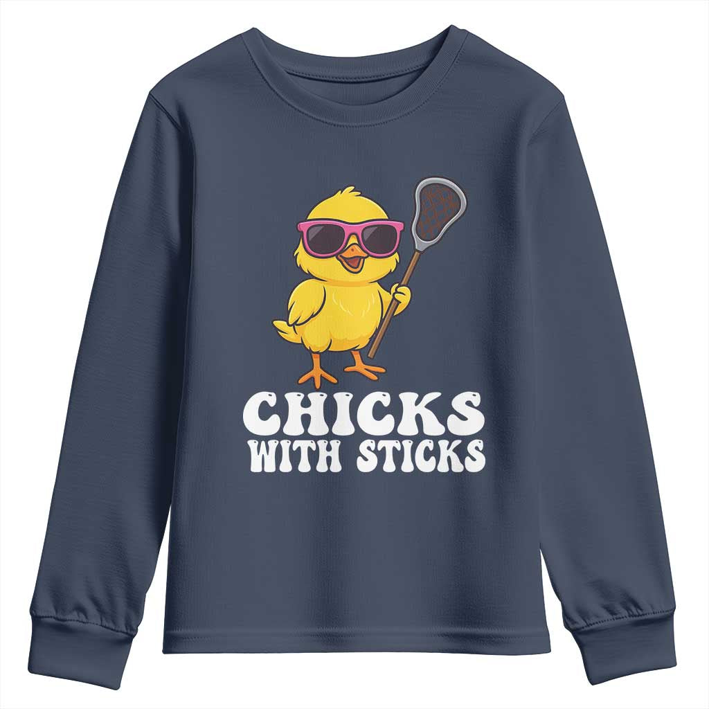 Funny Lax Girl Youth Sweatshirt Chicks With Sticks Lacrosse Shooter
