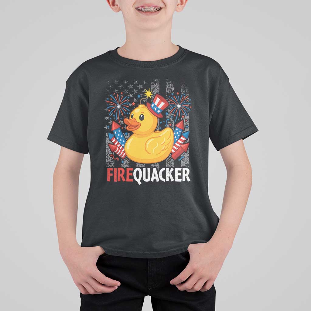 Funny 4th of July Duck Firequacker T Shirt For Kid Patriotic Vintage American Flag - Wonder Print Shop