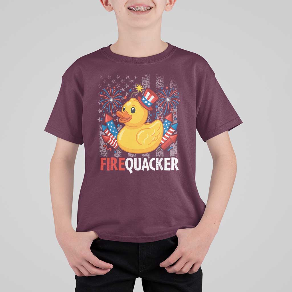 Funny 4th of July Duck Firequacker T Shirt For Kid Patriotic Vintage American Flag - Wonder Print Shop