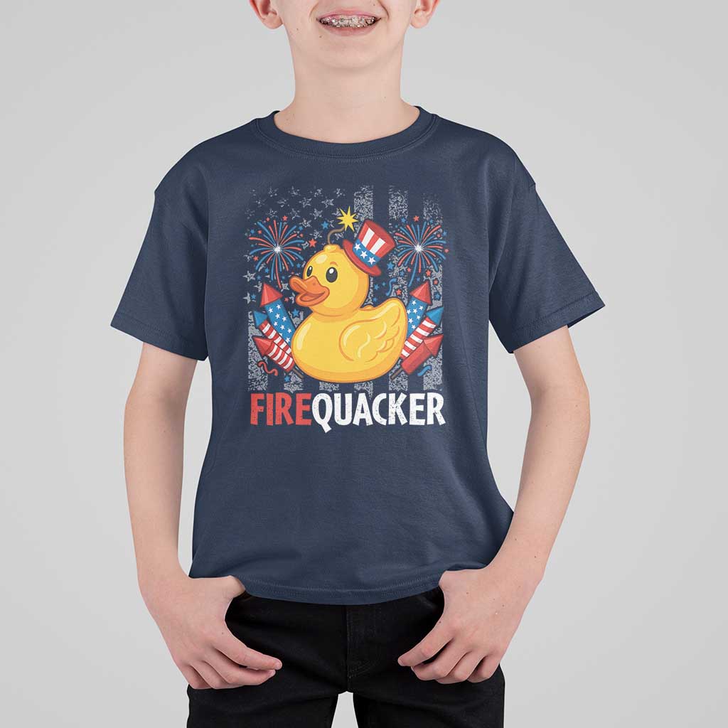 Funny 4th of July Duck Firequacker T Shirt For Kid Patriotic Vintage American Flag - Wonder Print Shop
