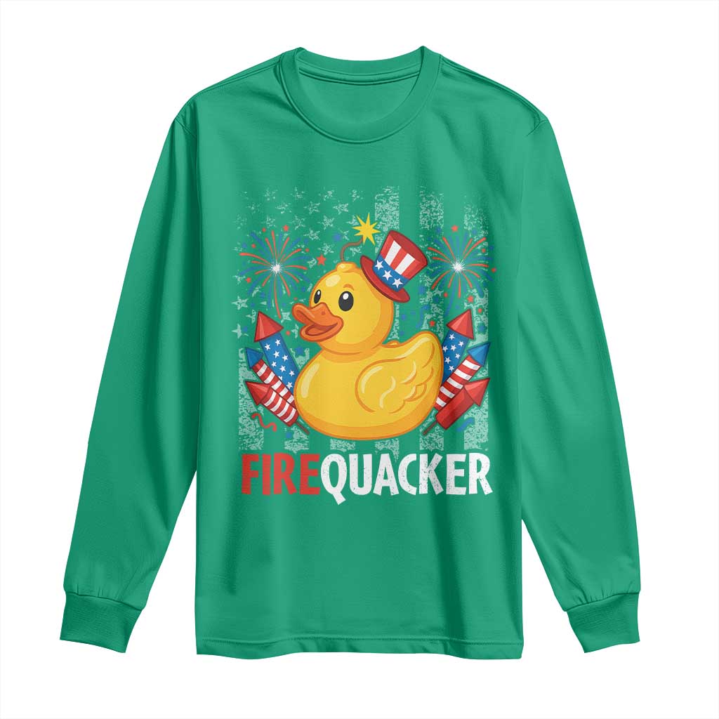 Funny 4th of July Duck Firequacker Long Sleeve Shirt Patriotic Vintage American Flag - Wonder Print Shop