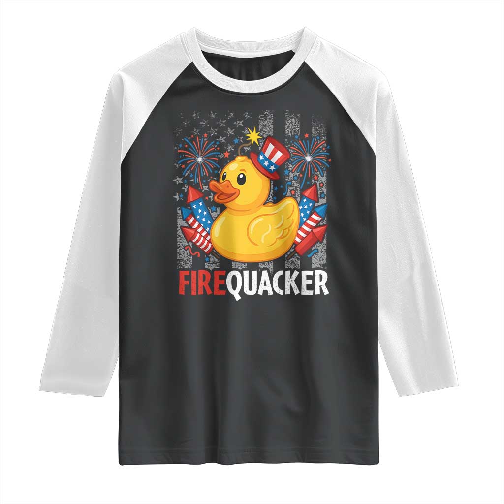Funny 4th of July Duck Firequacker Raglan Shirt Patriotic Vintage American Flag - Wonder Print Shop