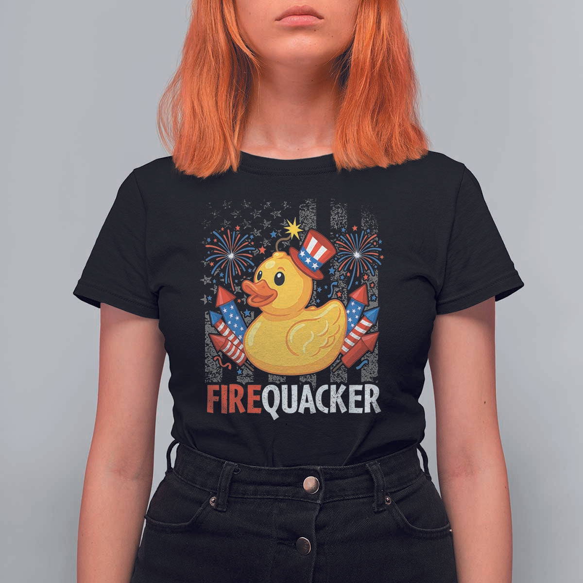 Funny 4th of July Duck Firequacker T Shirt For Women Patriotic Vintage American Flag - Wonder Print Shop