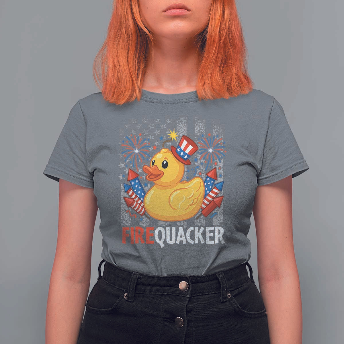 Funny 4th of July Duck Firequacker T Shirt For Women Patriotic Vintage American Flag - Wonder Print Shop