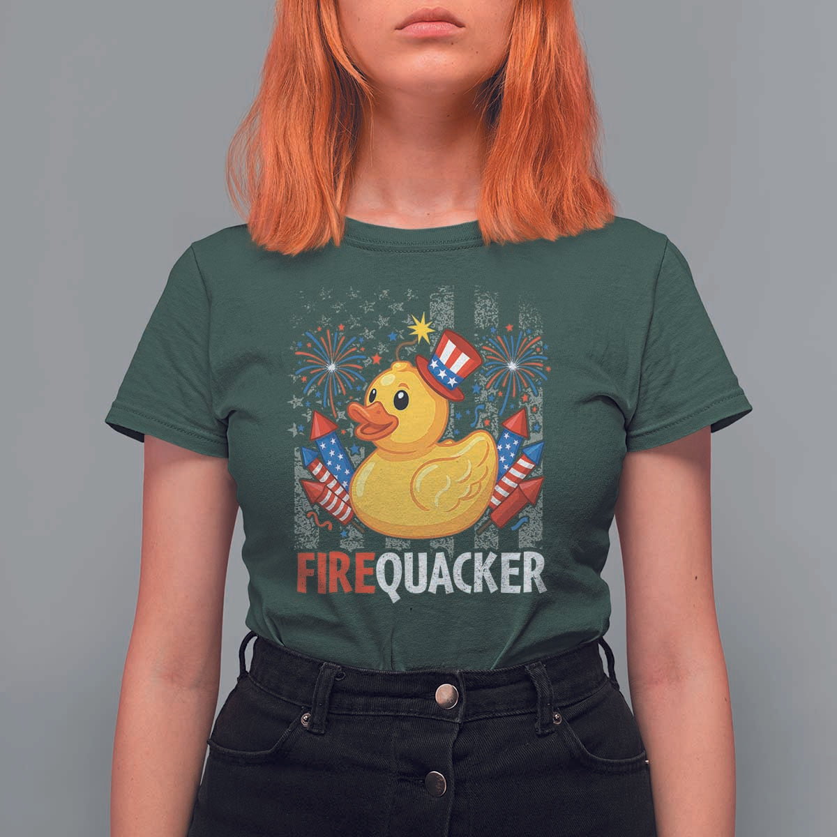 Funny 4th of July Duck Firequacker T Shirt For Women Patriotic Vintage American Flag - Wonder Print Shop