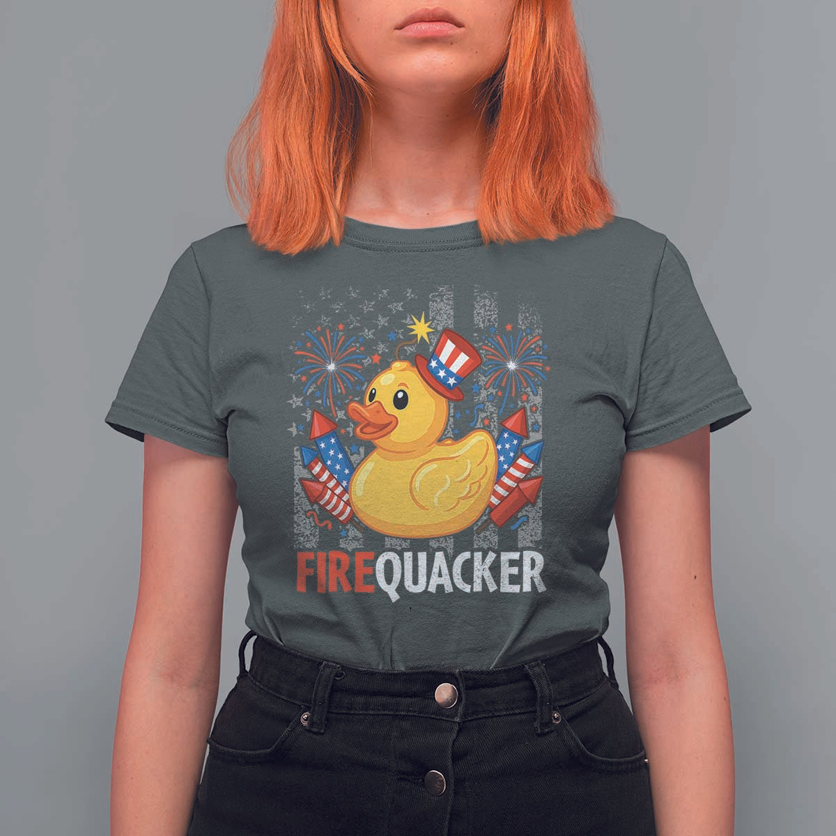 Funny 4th of July Duck Firequacker T Shirt For Women Patriotic Vintage American Flag - Wonder Print Shop