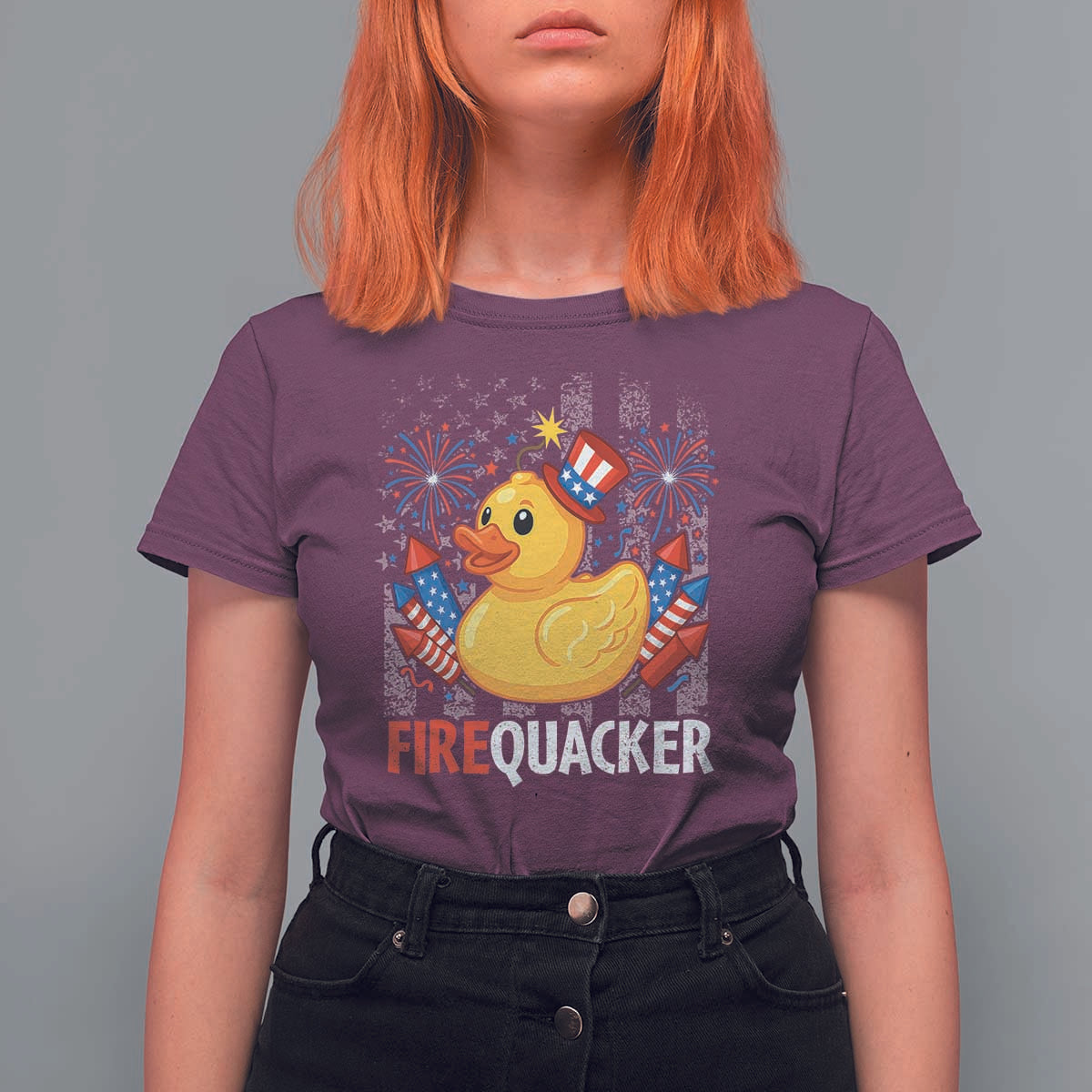 Funny 4th of July Duck Firequacker T Shirt For Women Patriotic Vintage American Flag - Wonder Print Shop