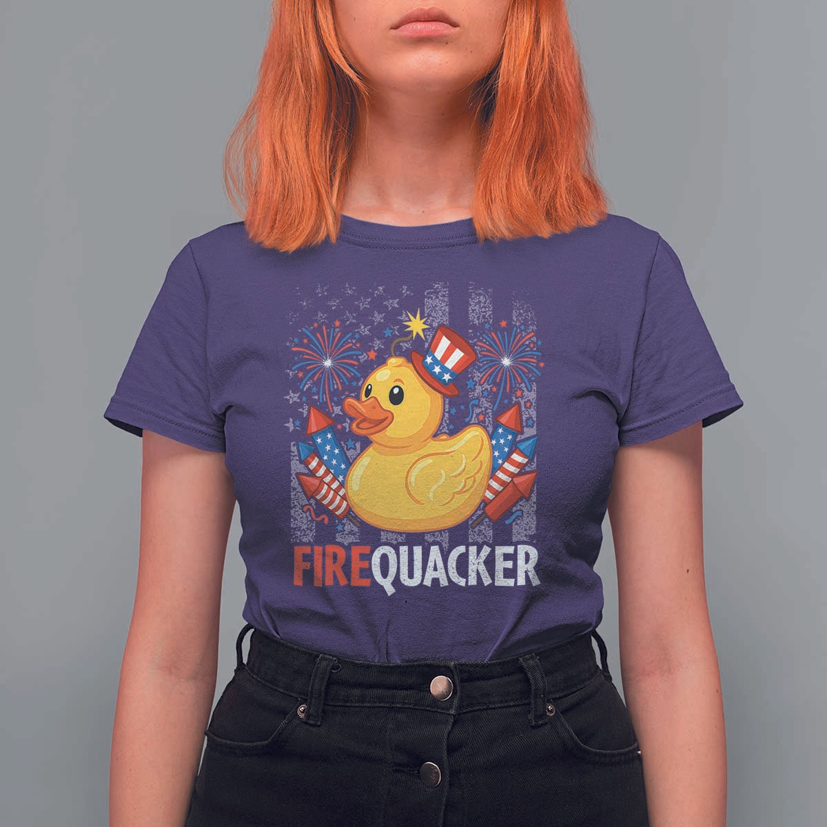 Funny 4th of July Duck Firequacker T Shirt For Women Patriotic Vintage American Flag - Wonder Print Shop