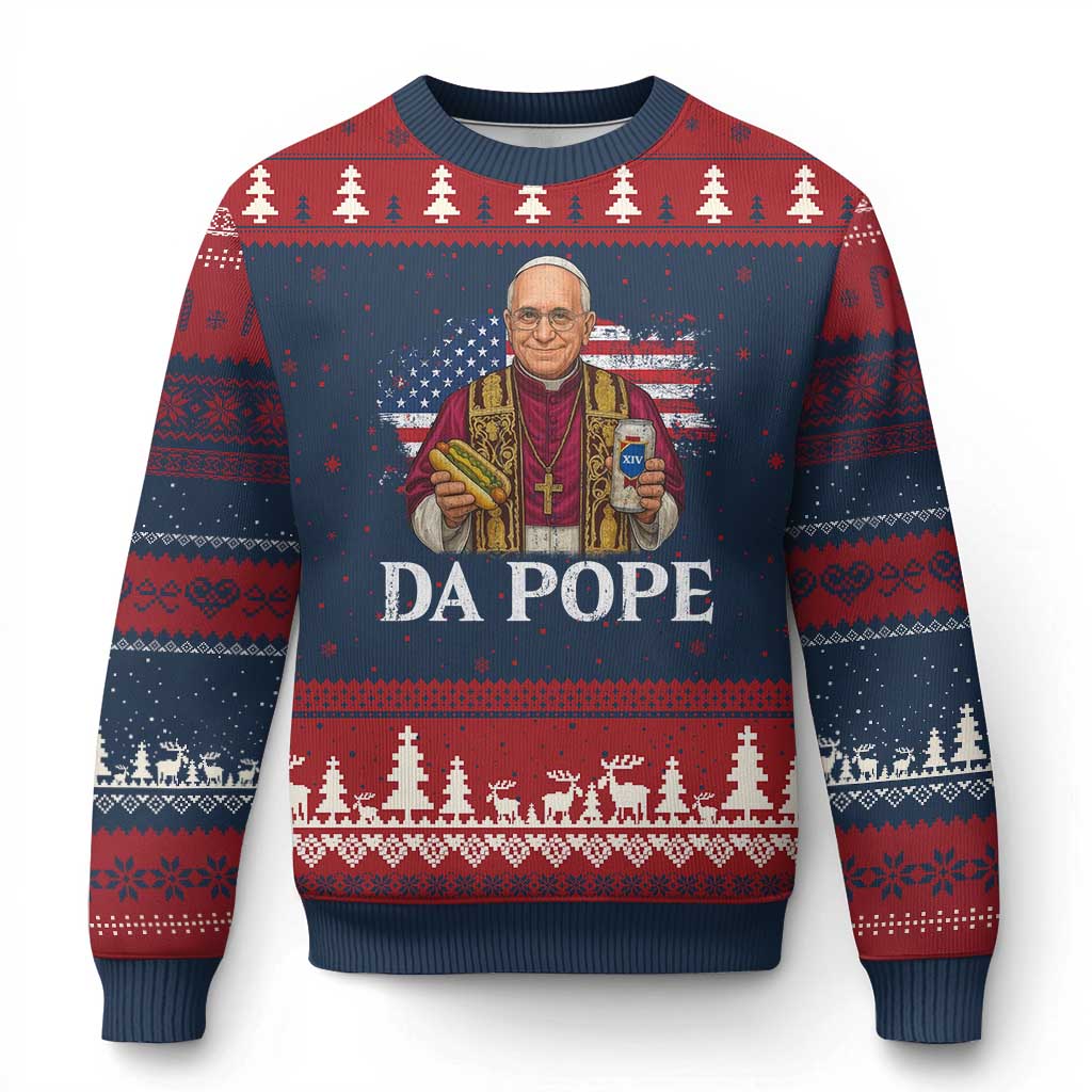 Funny Da Pope America Chicago Leo XIV Ugly Christmas Sweater Hotdog And Beer - Wonder Print Shop