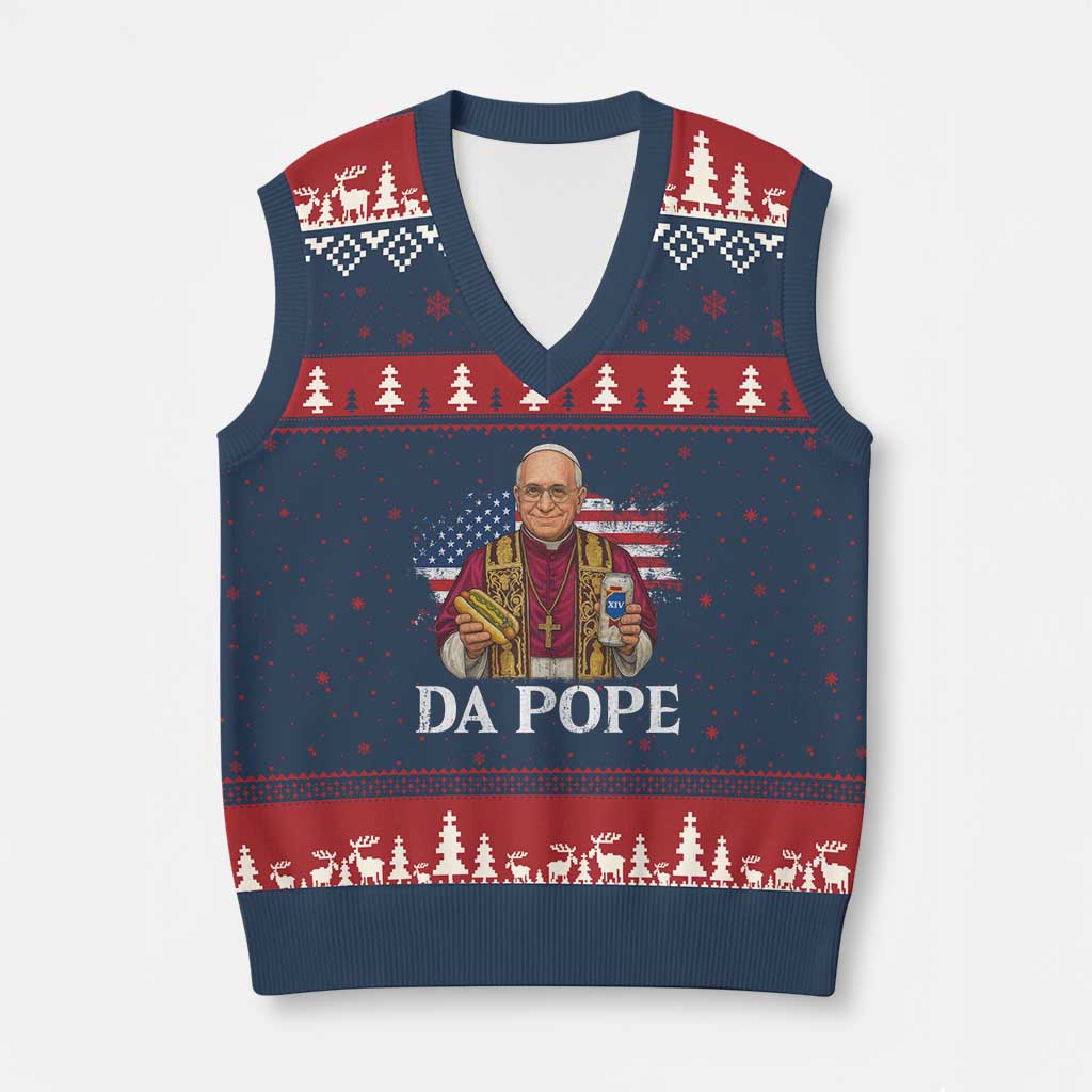 Funny Da Pope America Chicago Leo XIV V-Neck Knit Sweater Vest Hotdog And Beer - Wonder Print Shop