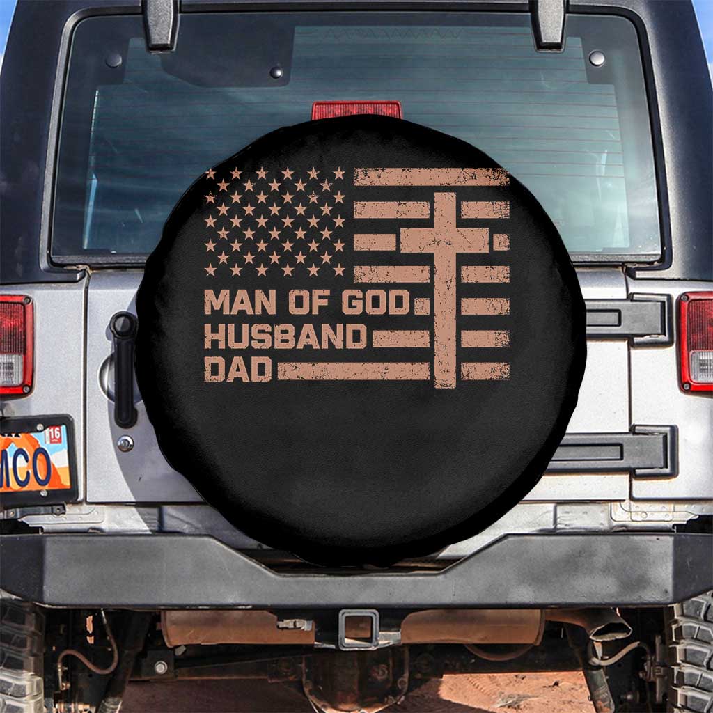 Man of God Husband Dad Christian Dad Father's Day Spare Tire Cover Vintage American Flag