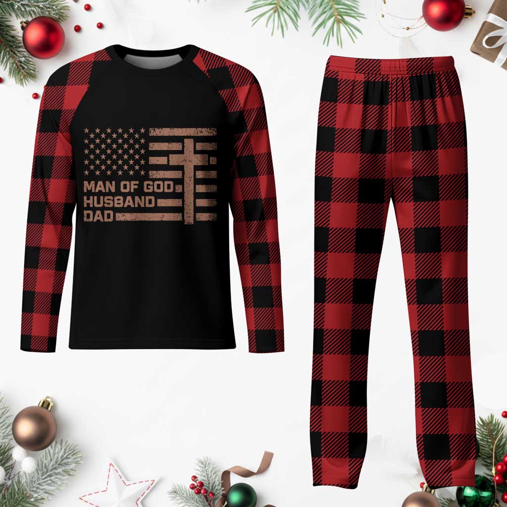 Man of God Husband Dad Christian Dad Father's Day Plaid Pajama Set Vintage American Flag