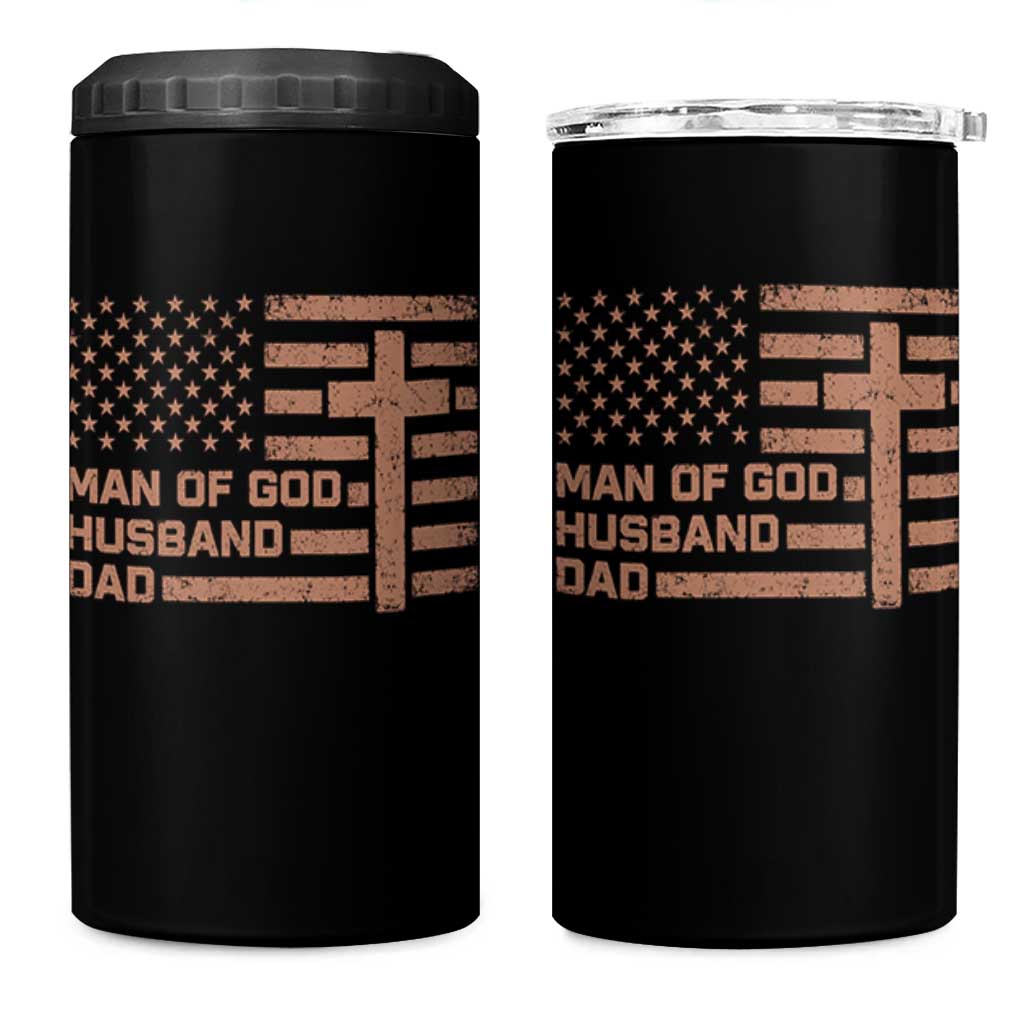 Man of God Husband Dad Christian Dad Father's Day 4 in 1 Can Cooler Tumbler Vintage American Flag
