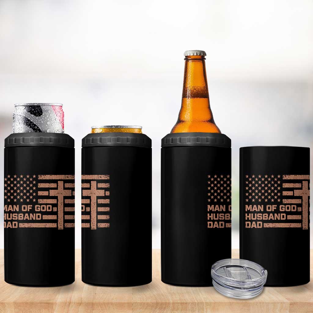 Man of God Husband Dad Christian Dad Father's Day 4 in 1 Can Cooler Tumbler Vintage American Flag