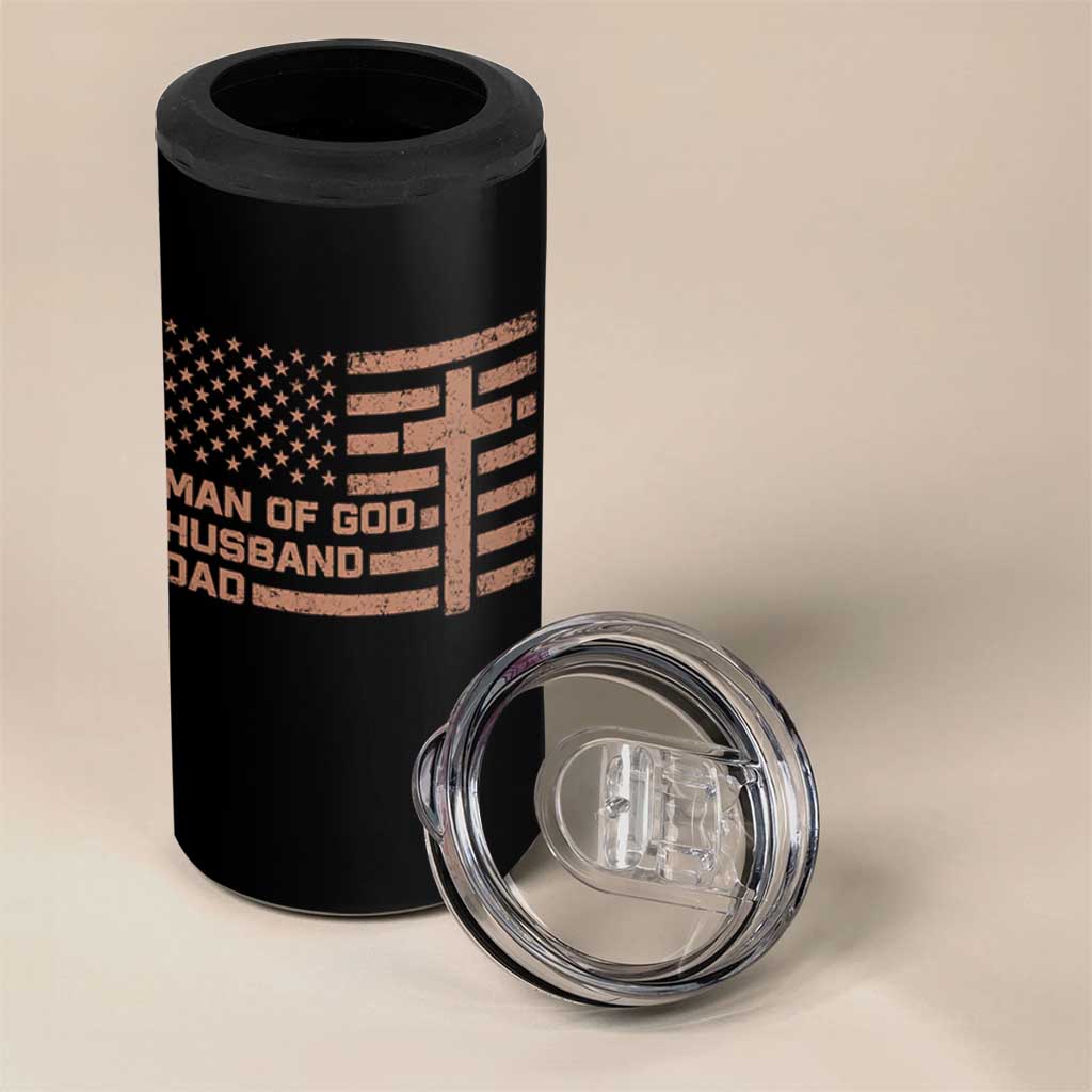 Man of God Husband Dad Christian Dad Father's Day 4 in 1 Can Cooler Tumbler Vintage American Flag