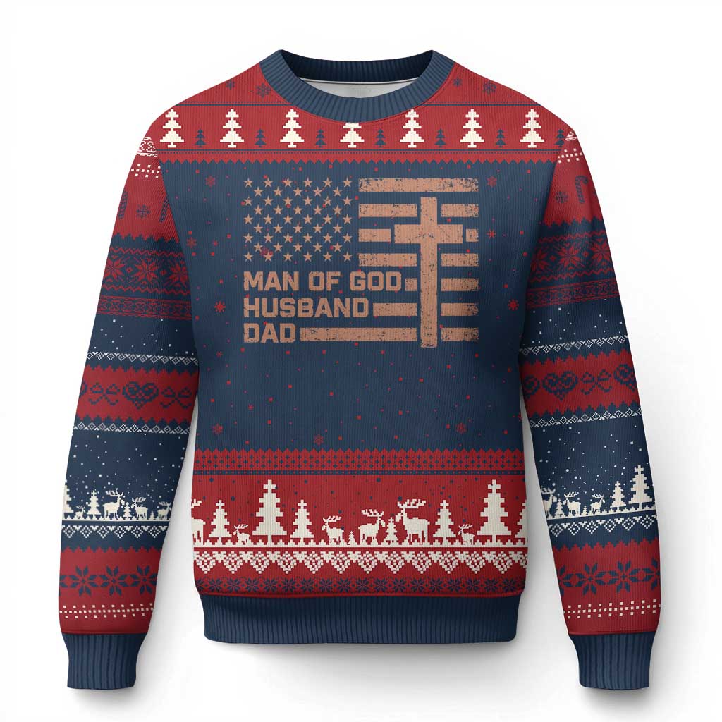 Man of God Husband Dad Christian Dad Father's Day Ugly Christmas Sweater Vintage American Flag