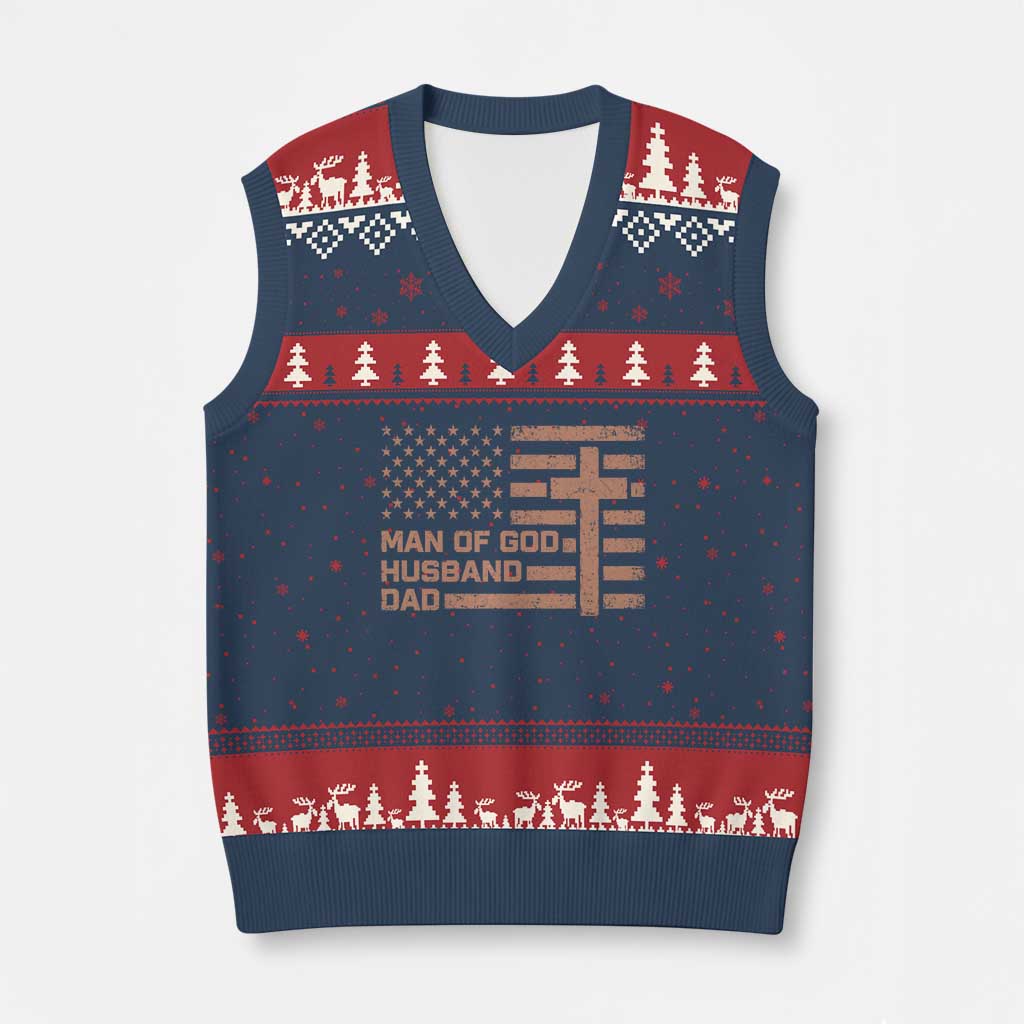 Man of God Husband Dad Christian Dad Father's Day V-Neck Knit Sweater Vest Vintage American Flag