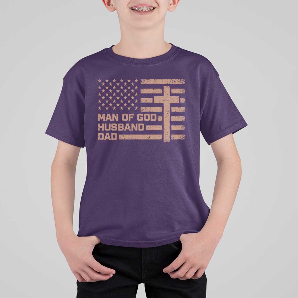 Man of God Husband Dad Christian Dad Father's Day T Shirt For Kid Vintage American Flag