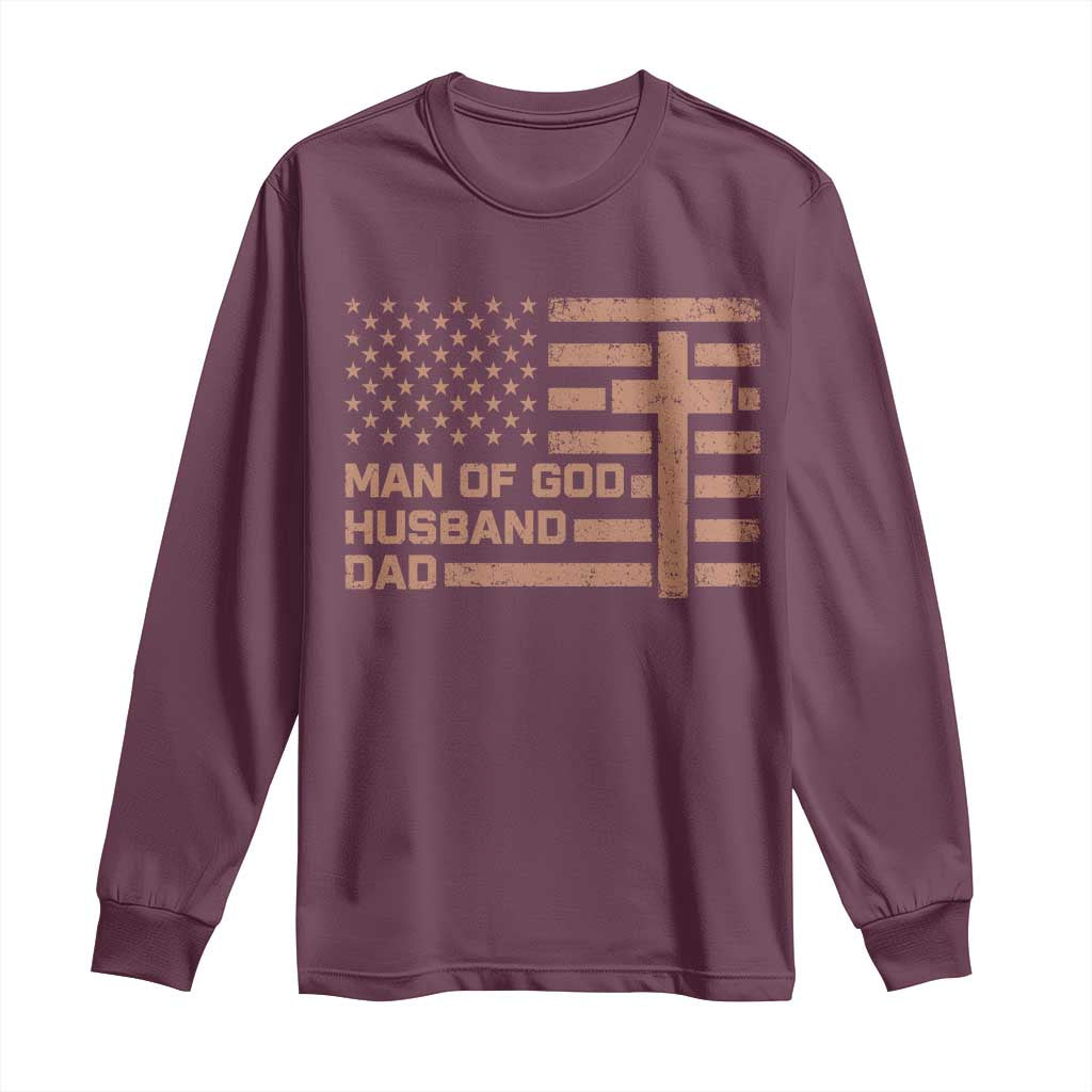 Man of God Husband Dad Christian Dad Father's Day Long Sleeve Shirt Vintage American Flag