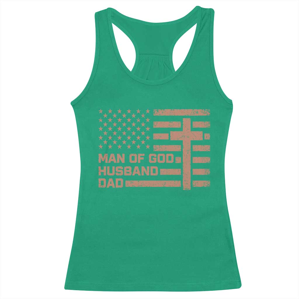 Man of God Husband Dad Christian Dad Father's Day Racerback Tank Top Vintage American Flag