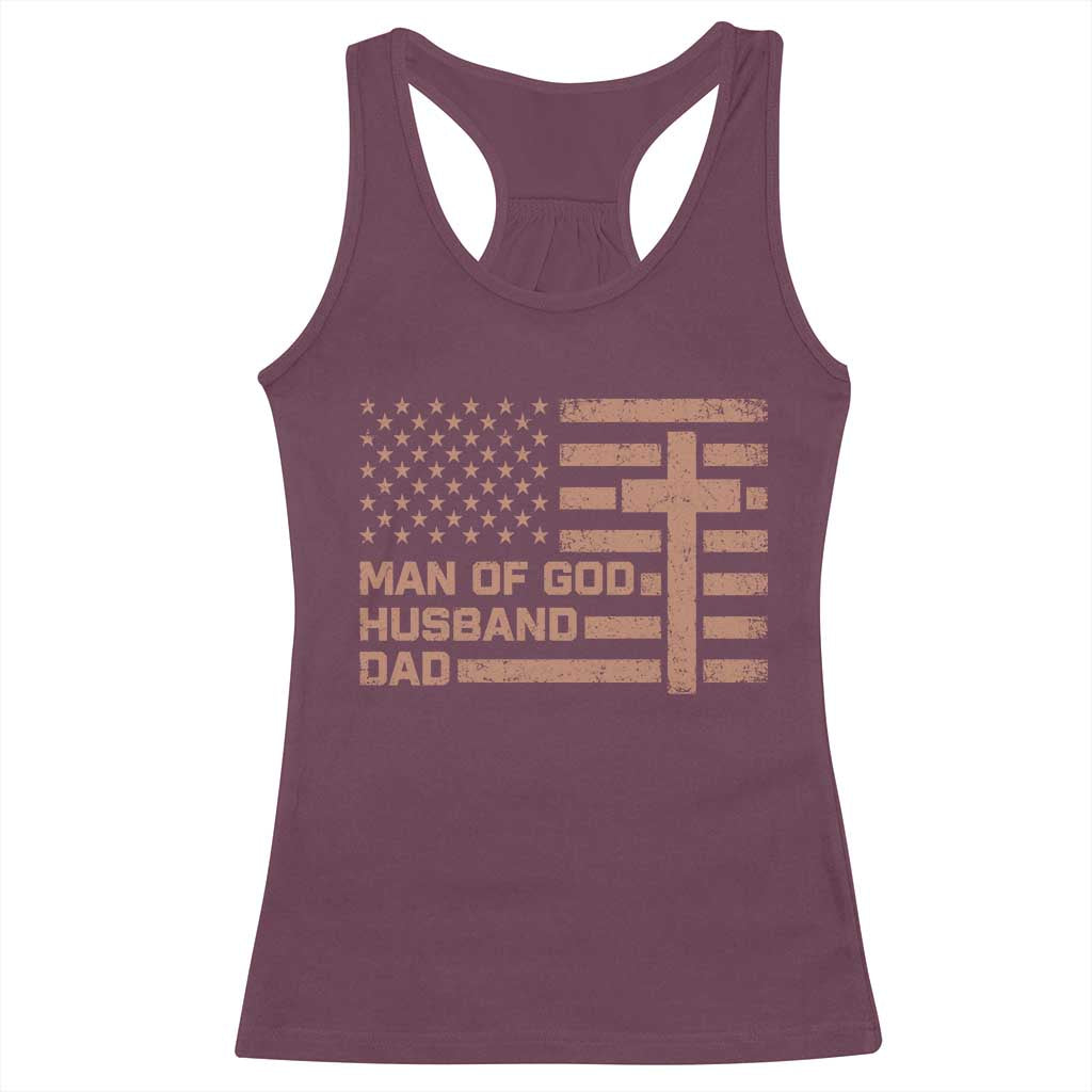 Man of God Husband Dad Christian Dad Father's Day Racerback Tank Top Vintage American Flag
